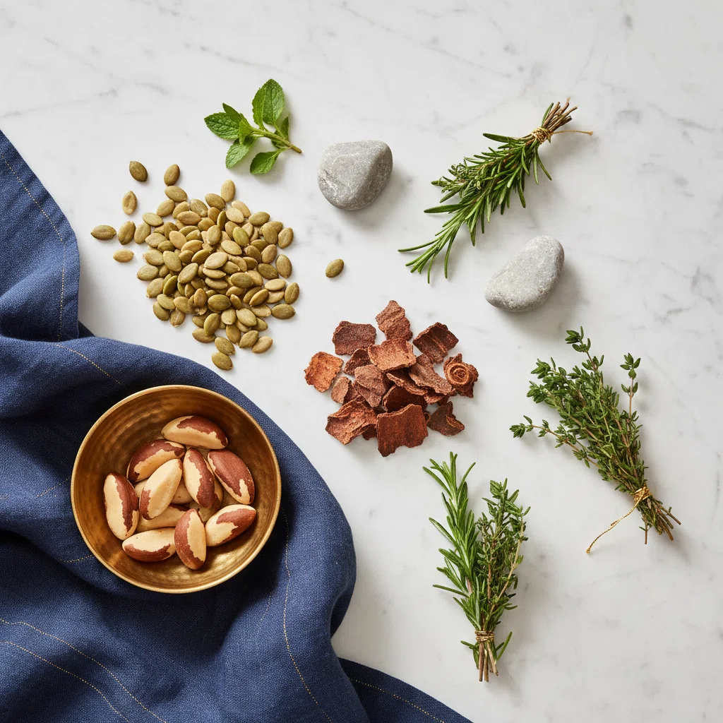 Platte lay van zink, selenium, magnesium, kürbiszaden en Pygeum africanum op marmeren tafel - plantenextract supplement mannen vitaliteit