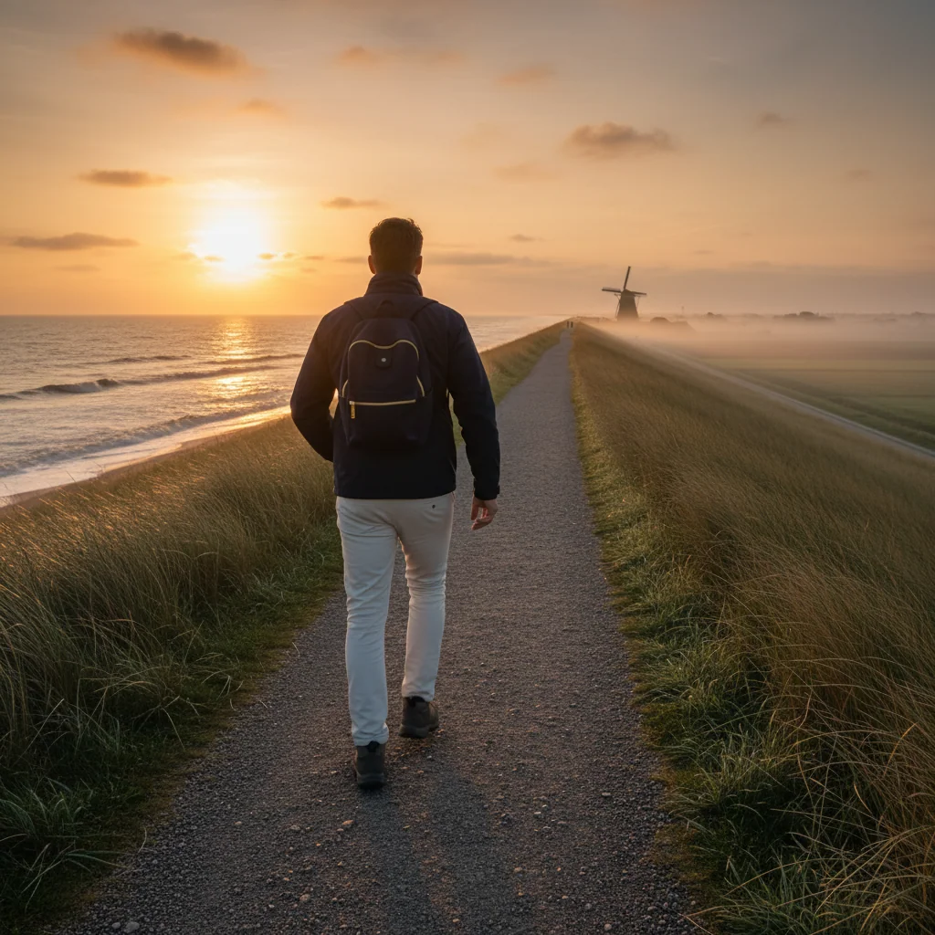 Actieve man op wandeldijk bij zonsopgang - voedingssupplement voor bekkenbodem man en dagelijkse vitaliteit actieve mannen 50 plus